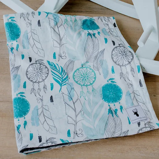 Couverture de minky - Plume et capteur bleu/ turquoise