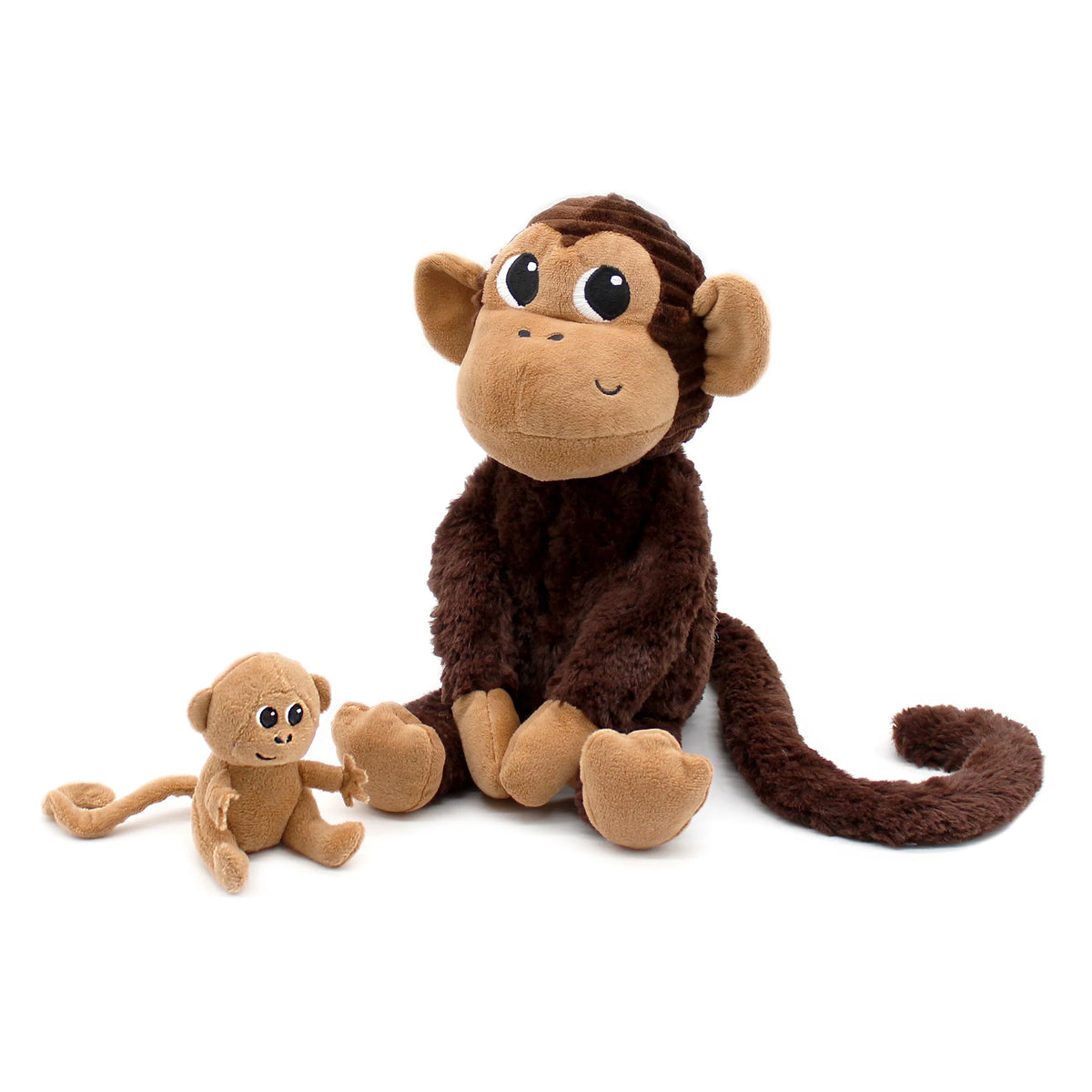 Peluche singe Zazou maman et son bébé marron chocolat