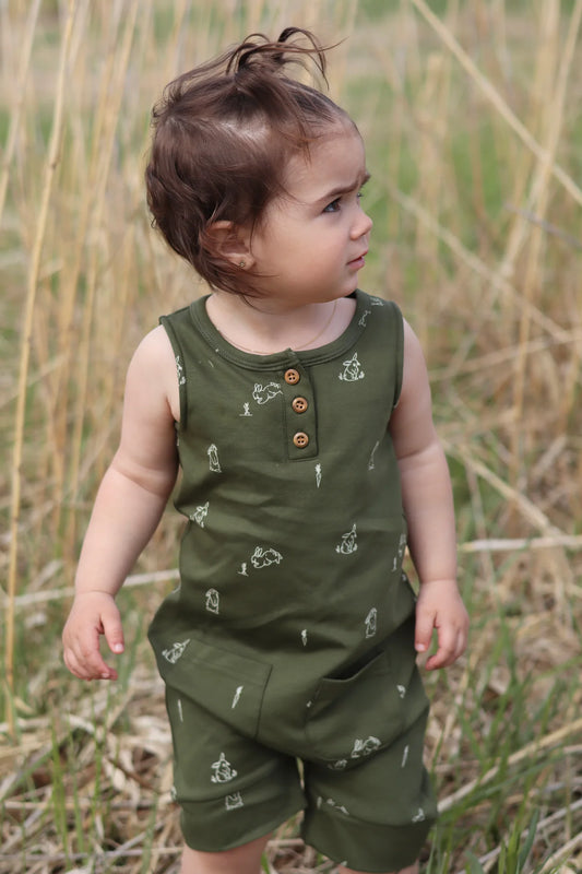 Romper évolutif vert olive à motifs lapins